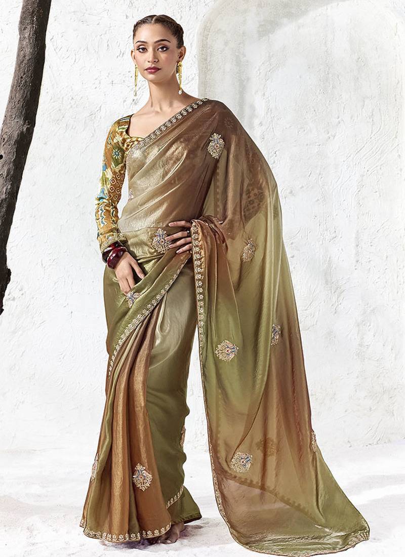 brown silk blend designer border with sequience work festive wear saree 