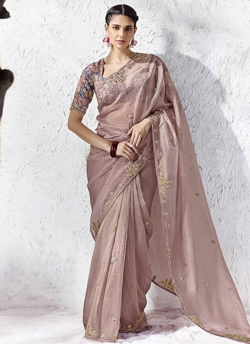 mauve silk blend designer border with sequience work festive wear saree 