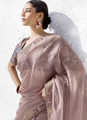 mauve silk blend designer border with sequience work festive wear saree  2