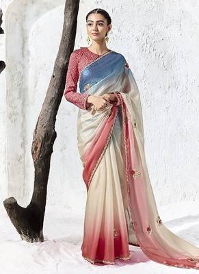 multicolour silk blend designer border with sequience work festive wear saree  1