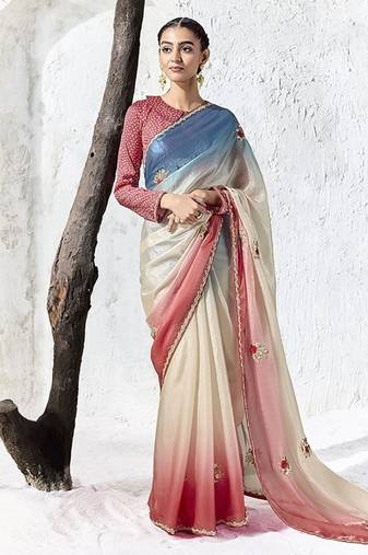 multicolour silk blend designer border with sequience work festive wear saree 