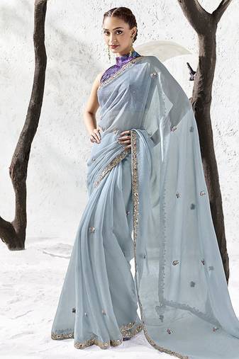 steel blue silk blend designer border festive wear saree 