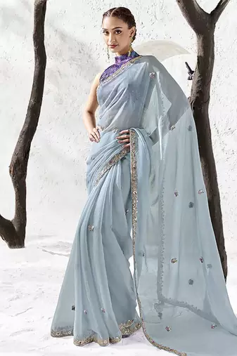 steel blue silk blend designer border festive wear saree 
