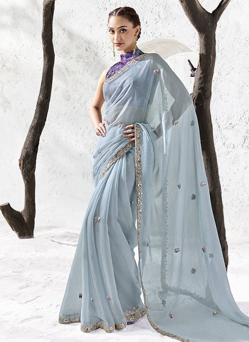 steel blue silk blend designer border festive wear saree 