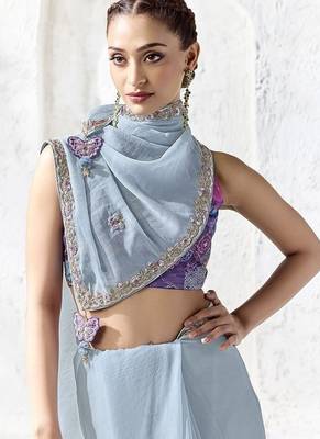 steel blue silk blend designer border festive wear saree  2