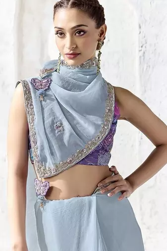 steel blue silk blend designer border festive wear saree 