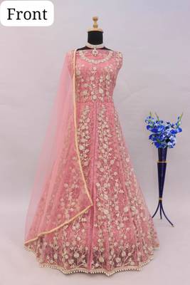 Pink embroidered net semi stitched anarkali suit 3