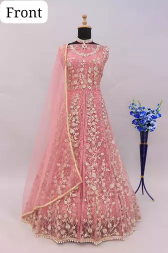 Pink embroidered net semi stitched anarkali suit