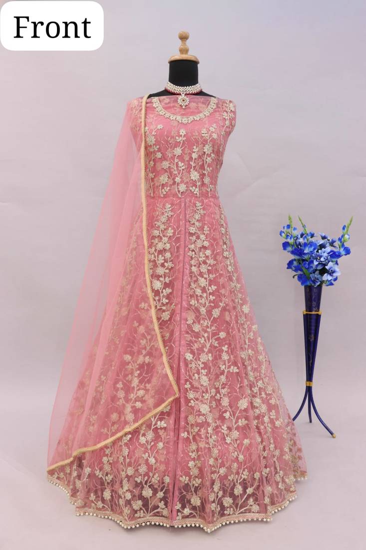 Pink embroidered net semi stitched anarkali suit