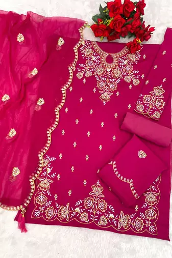 Magenta vichitra suit with embroidered viscose thread jari & sequin work