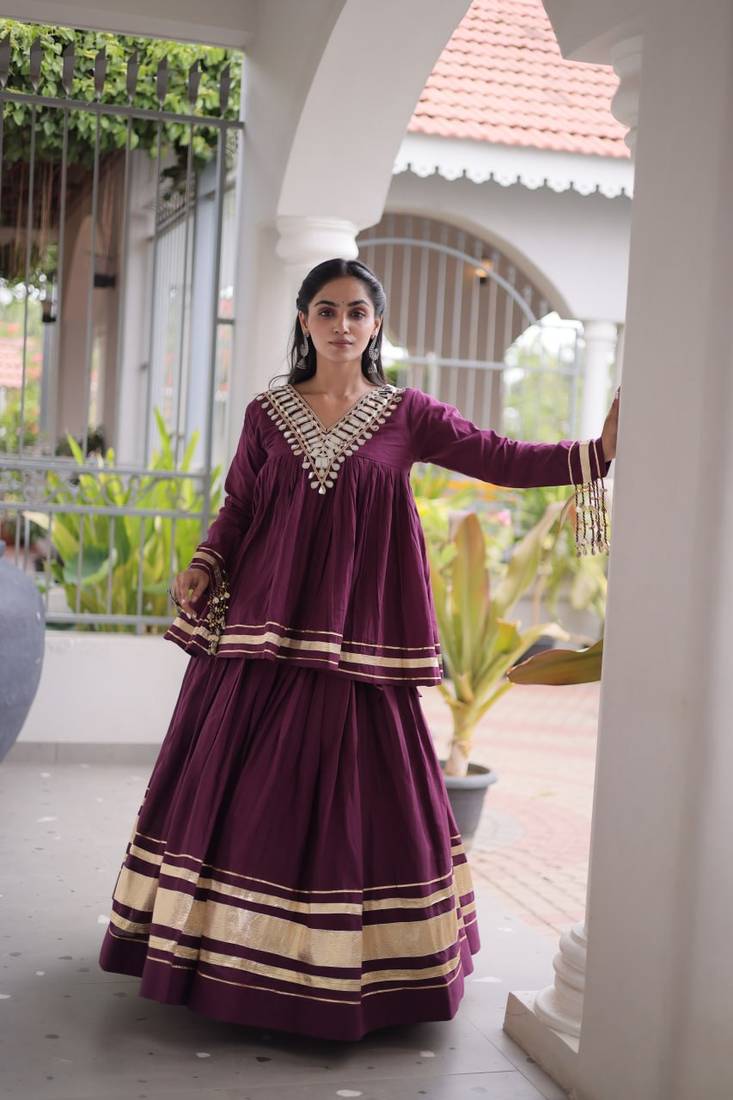 Muslin Cotton Lehenga Choli Set With Mirror Work And Kodi Lace