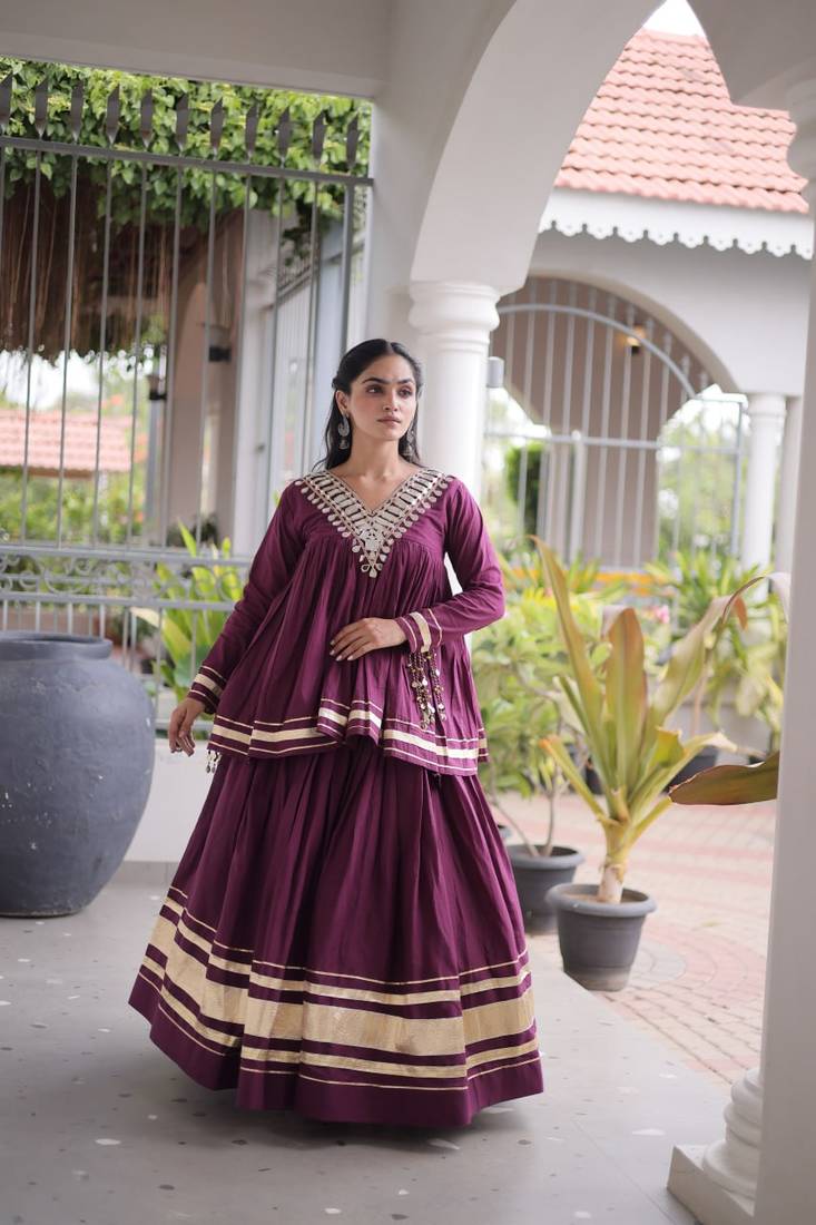 Muslin Cotton Lehenga Choli Set With Mirror Work And Kodi Lace