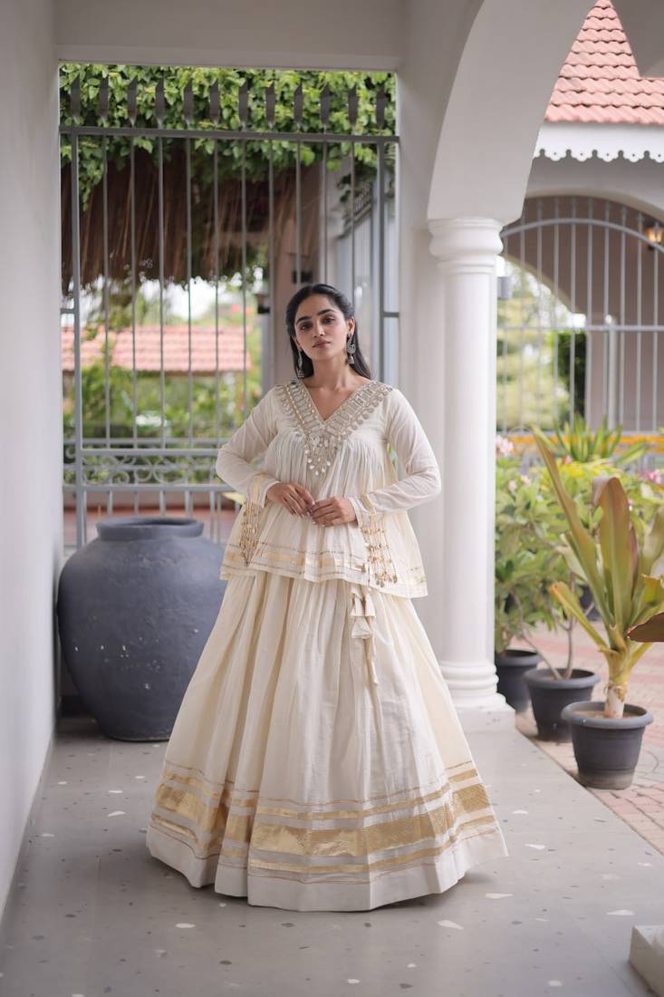Muslin Cotton Lehenga Choli Set With Mirror Work And Kodi Lace