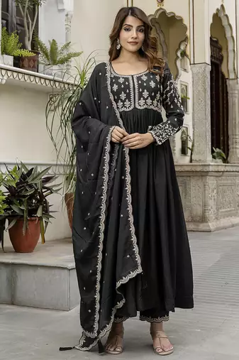 Black silk blend embroidery anarkali kurta pant set with dupatta