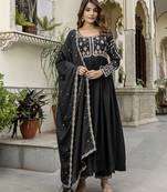 Black silk blend embroidery anarkali kurta pant set with dupatta