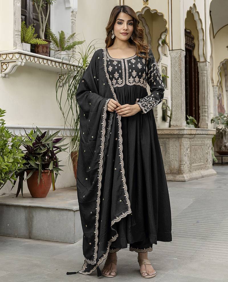Black silk blend embroidery anarkali kurta pant set with dupatta