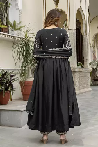 Black silk blend embroidery anarkali kurta pant set with dupatta