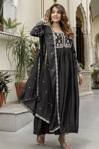 Black silk blend embroidery anarkali kurta pant set with dupatta