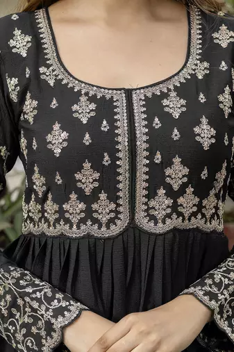 Black silk blend embroidery anarkali kurta pant set with dupatta