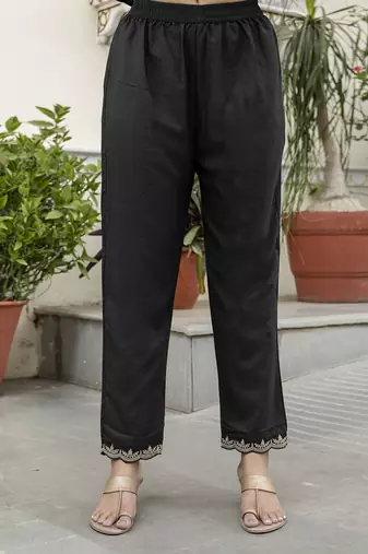 Black silk blend embroidery anarkali kurta pant set with dupatta