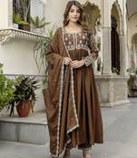 Brown silk blend embroidery anarkali kurta pant set with dupatta