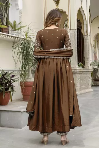 Brown silk blend embroidery anarkali kurta pant set with dupatta
