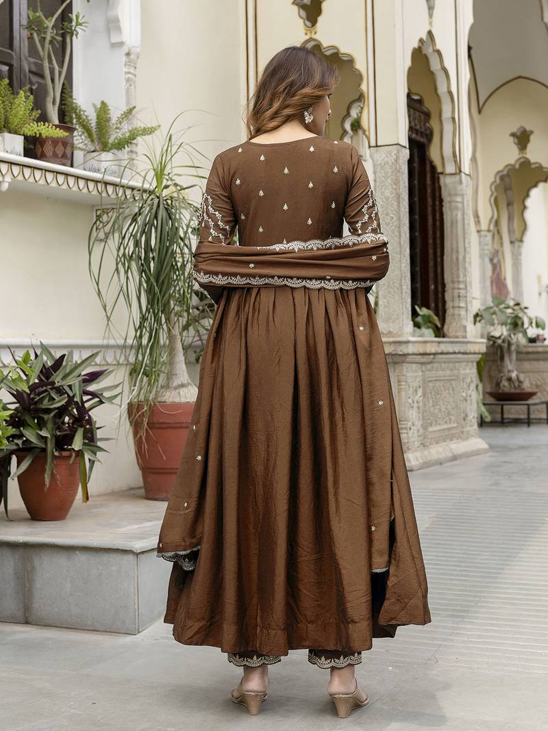 Brown silk blend embroidery anarkali kurta pant set with dupatta