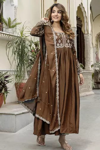 Brown silk blend embroidery anarkali kurta pant set with dupatta