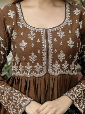 Brown silk blend embroidery anarkali kurta pant set with dupatta 4