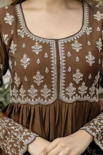 Brown silk blend embroidery anarkali kurta pant set with dupatta