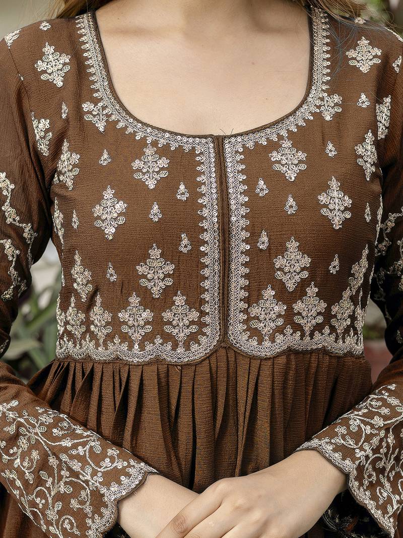 Brown silk blend embroidery anarkali kurta pant set with dupatta