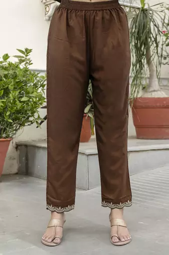 Brown silk blend embroidery anarkali kurta pant set with dupatta