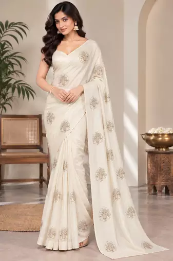 Women luxury satin bits work embellished designer saree