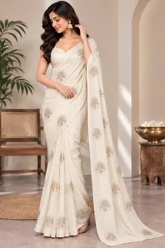 Women luxury satin bits work embellished designer saree