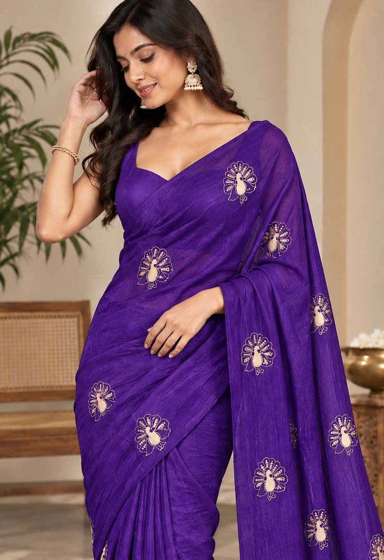 Premium satin floral bits embellished designer saree