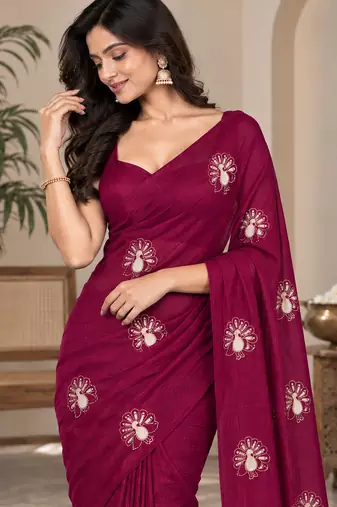 Satin floral bits work festive designer saree