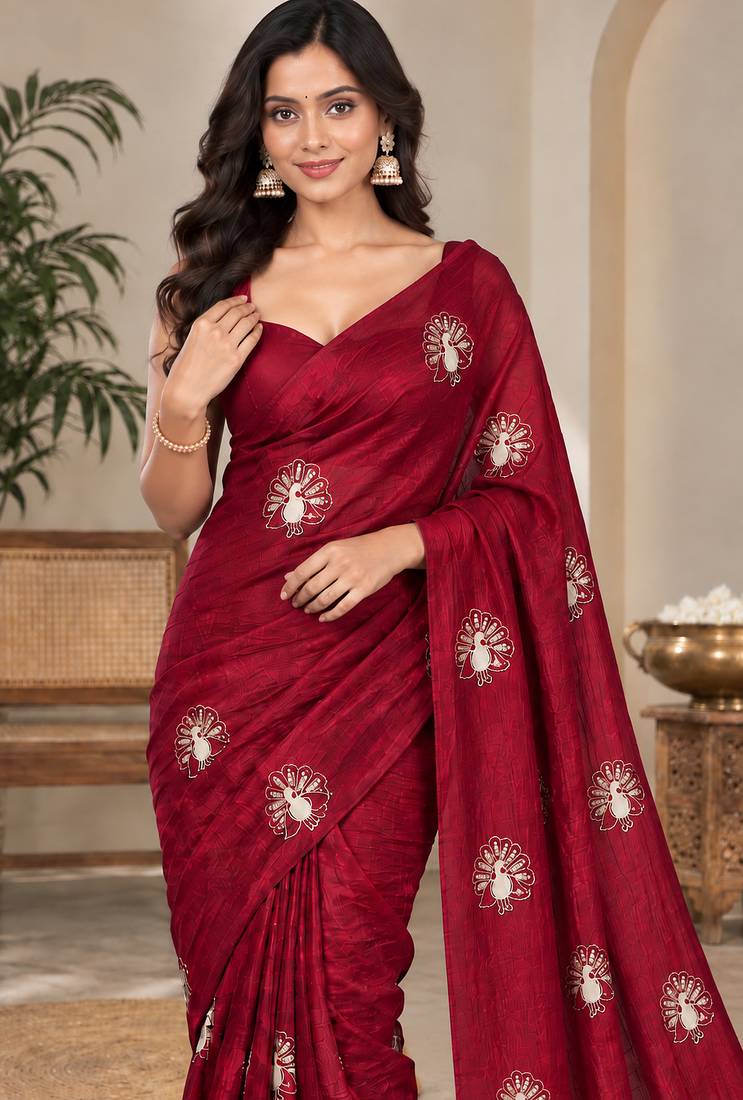 Premium satin floral bits sequence party wear saree