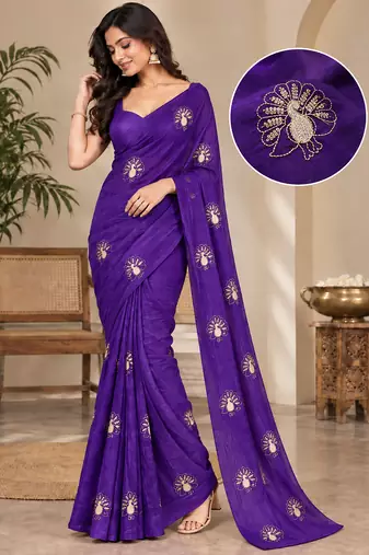 Premium satin floral bits embellished designer saree