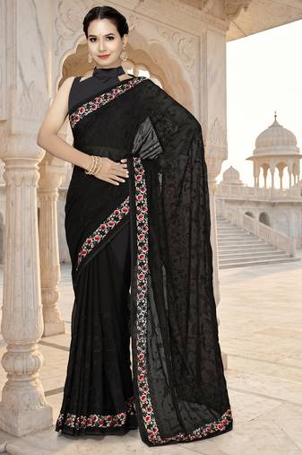 Black sequin embroidered work georgette designer saree for women