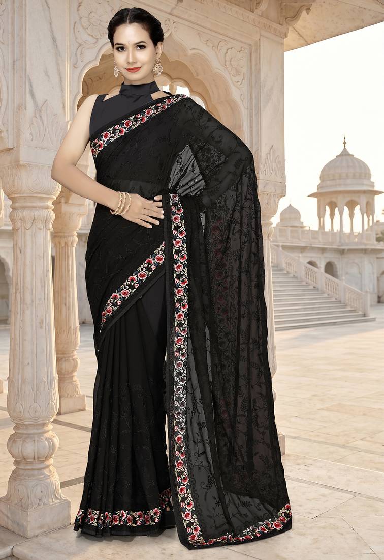 Black sequin embroidered work georgette designer saree for women