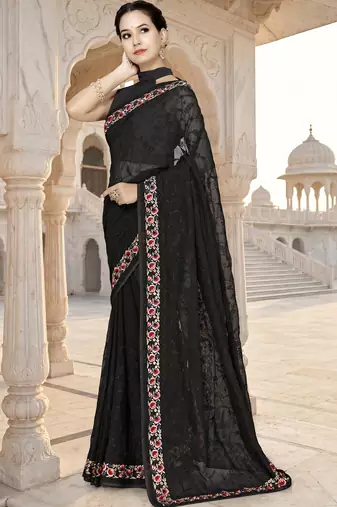 Black sequin embroidered work georgette designer saree for women