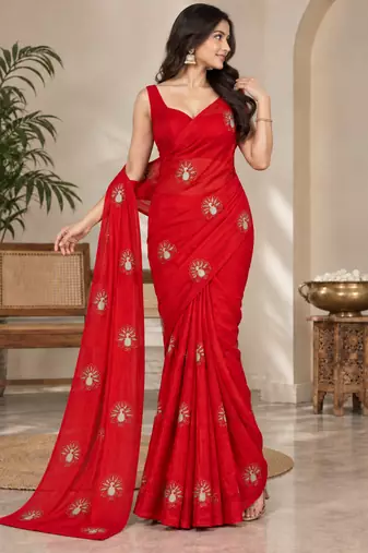 Premium space satin floral bits work designer saree