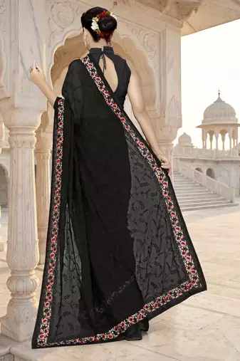 Black sequin embroidered work georgette designer saree for women
