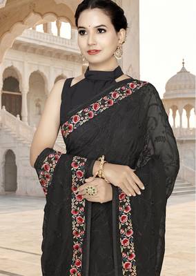 Black sequin embroidered work georgette designer saree for women 4