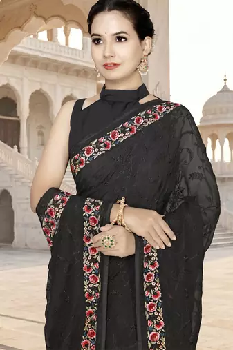 Black sequin embroidered work georgette designer saree for women