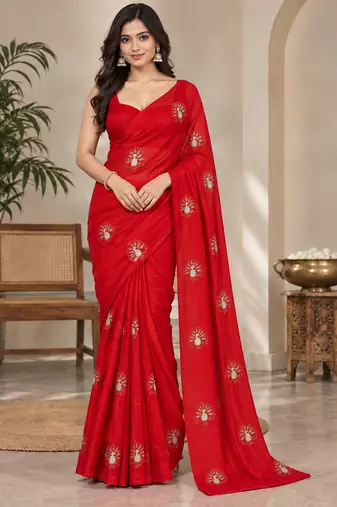 Premium space satin floral bits work designer saree