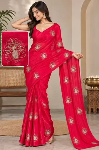 Designer satin floral bits work party wear saree