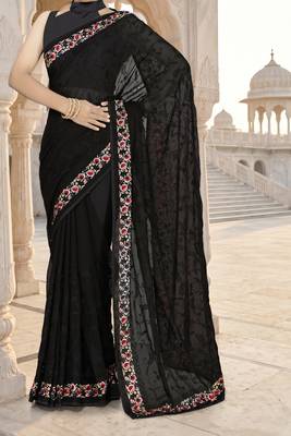 Black sequin embroidered work georgette designer saree for women 5