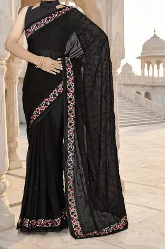 Black sequin embroidered work georgette designer saree for women