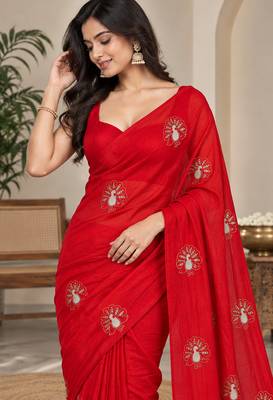 Premium space satin floral bits work designer saree 4